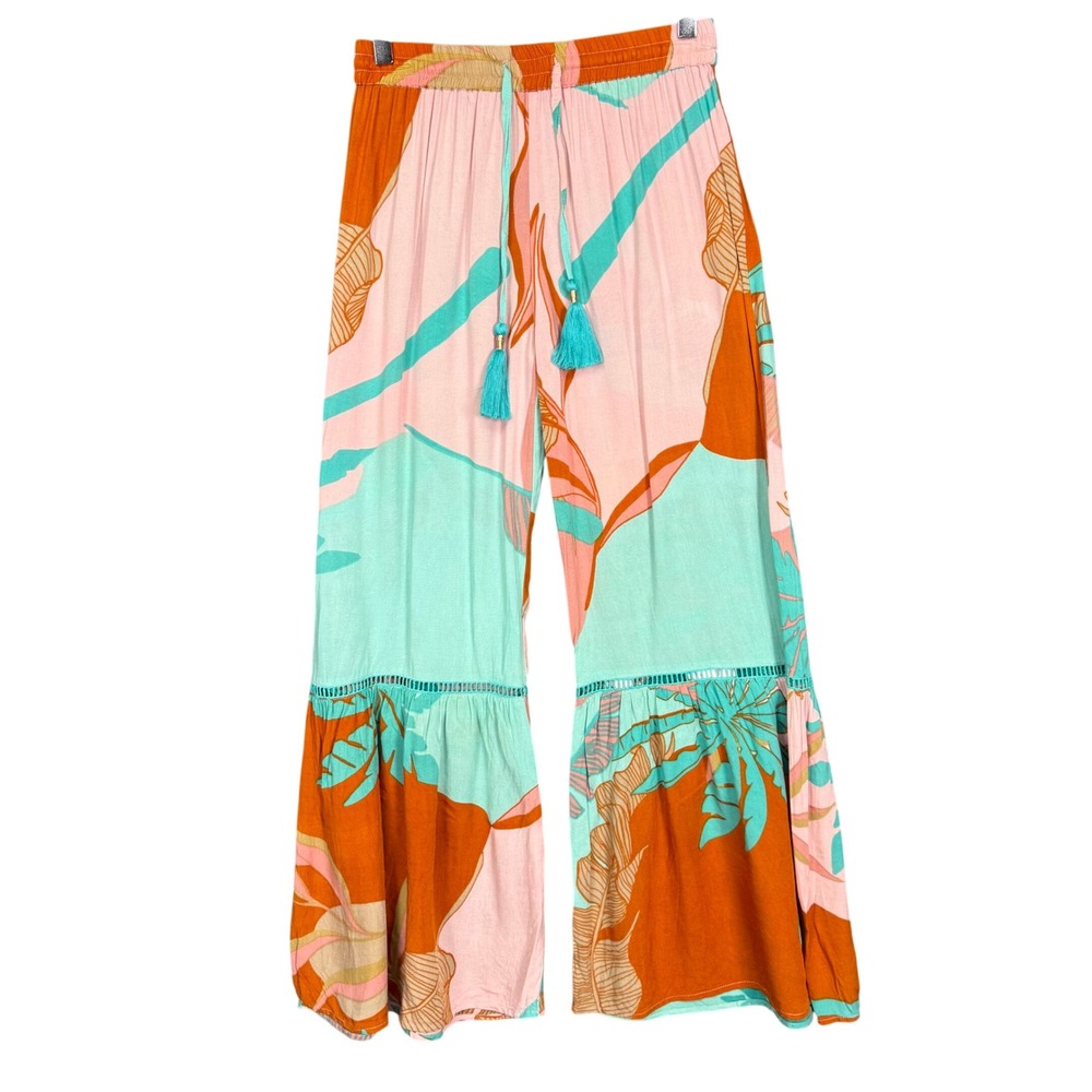 True Destinations Wide Leg Tropical Print Pull-On Pants Pink & Teal Womens Small